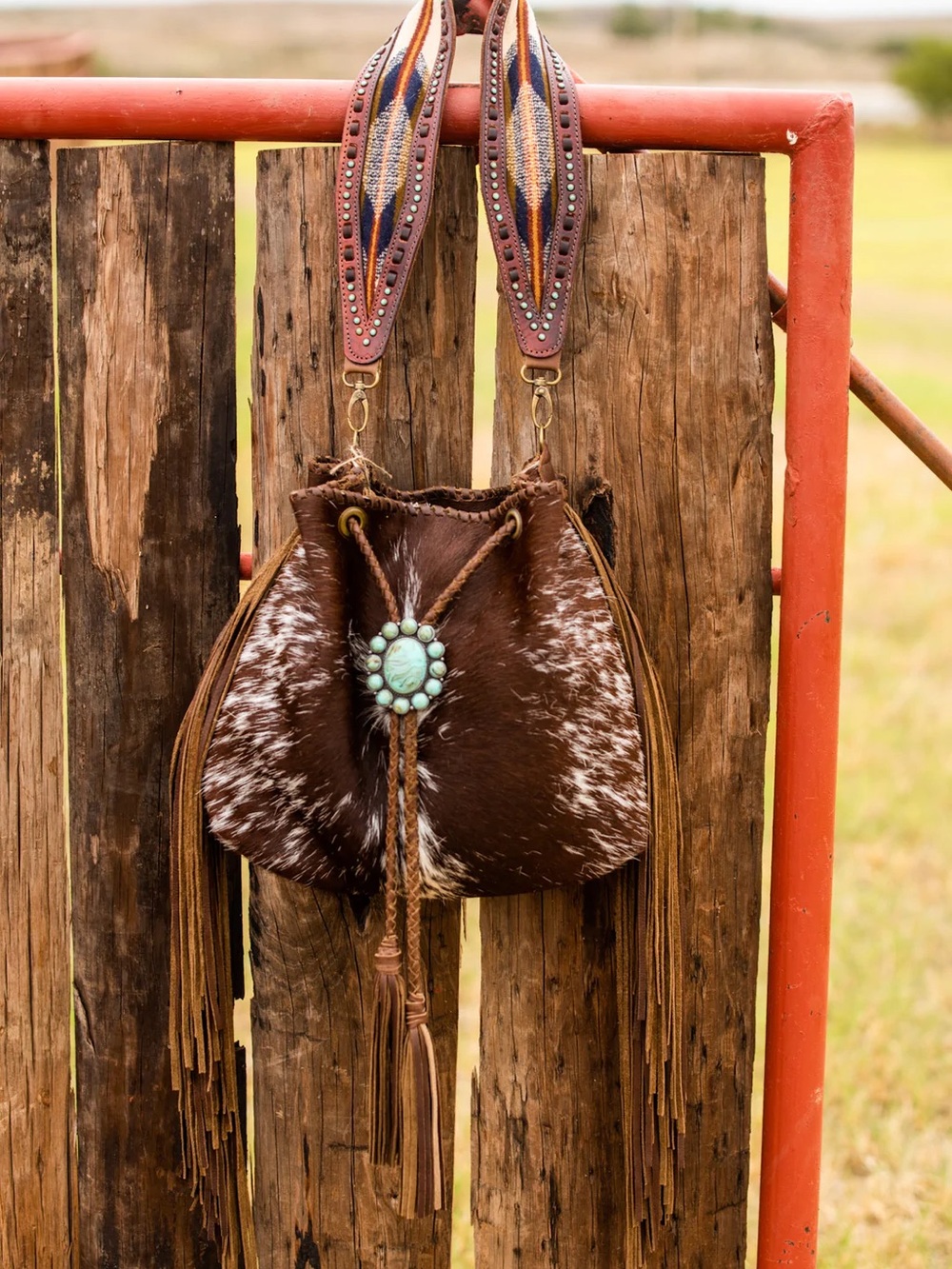 Brown Cowhide Fringe Shoulder Bag with Turquoise Concho